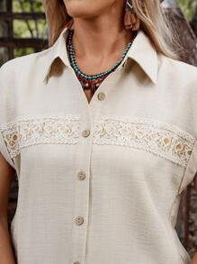 LanaWest Women's Collared Sleeveless Button-Up High-Design Front Panel Lace Patchwork Western Style Back To School, Teacher's Day, Halloween, Street Style Blouse Shirt - Apricot - View 7