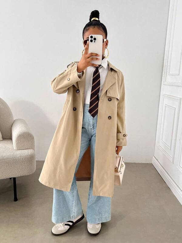 SHEIN Tween Girl Casual Khaki Woven Double-Breasted Lapel Loose Long Windbreaker, Casual Military Style, Suitable For Commuting And Outdoor Wear,In Fall/Winter