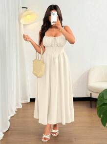 Flirla Plus Size Women's Elegant Solid Color Front Tie Bow Spaghetti Strap Maxi Beach Dress, Suitable For Beach, Resort, Party, Date, Music Festival, Spring/Summer, Versatile Design - Apricot - View 3