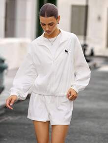 女式落肩长袖拉链休闲轻便夹克，百搭 - 白色 - 查看 4