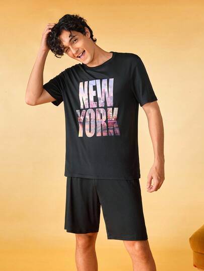 Notgurli Men's Letter Print Short Sleeve Top And Shorts Pajama Set