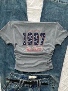 Attitoon 休闲复古风格女式圆领褶皱腰短袖 T 恤，带有复古 1997 星字母印花，适合夏季