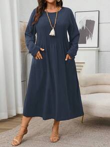 EMERY ROSE Plus Size Solid Dress For Summer Vacation   Fall Clothes For Women Country Style For Women Country Concert Outfit,Spring - Navy Blue - View 4