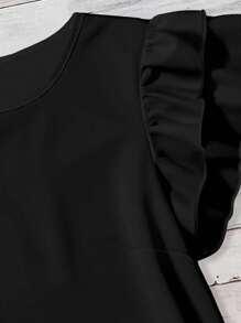 Mellowie 休闲简约风黑色圆领双层荷叶边袖女衬衫，百搭初秋 - 彩色 - 查看 6