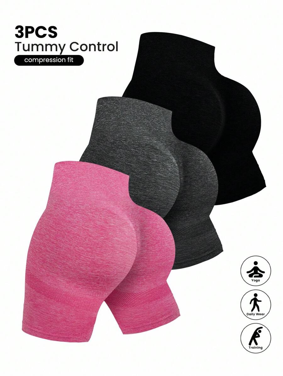 Easithlete 3件装加大码无缝高腰收腹瑜伽短裤 - 彩色 - 查看 1