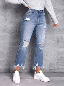 SHEIN Essnce Plus Size Women's Loose Distressed Raw Hem Cone Shape Pockets Casual Denim Jeans