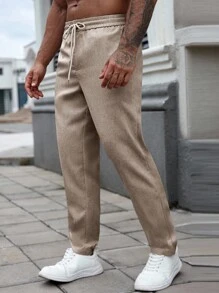 Manfinity Homme Men's Solid Color Drawstring Waist Pocket Tapered Casual Pants, Versatile, Fall - Brown - View 3