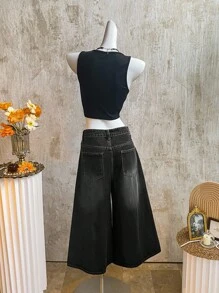 K-Vae 女式休闲宽松7/8宽腿牛仔裤，蓝色