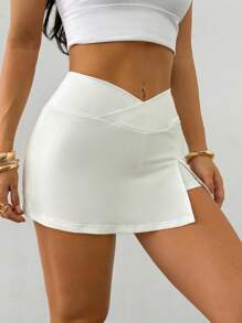 SHEIN PETITE 高弹力针织双层V腰女低腰裙Y2K日常休闲百搭风女白色短裙白色短裙搭配短裤网球裙套装网球女短裙 - 白色 - 查看 6