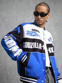 GODZILLAxKONG X SHEIN 男式彩色块字母图案前扣长袖夹克 - 藍色 - 查看 6