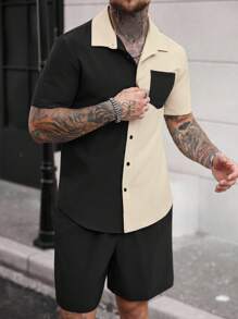 Manfinity Dauomo Men's Contrast Color Minimalist Short Sleeve Shirt And Solid Shorts Set For Daily Wear - Multicolor - View 6