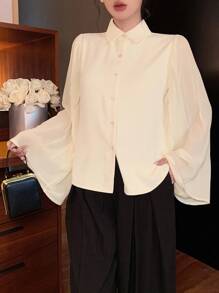 DAZY Women's Autumn Patchwork Loose Pleated Ruffle Sleeve Blouse Long Sleeve Top - Apricot - View 10