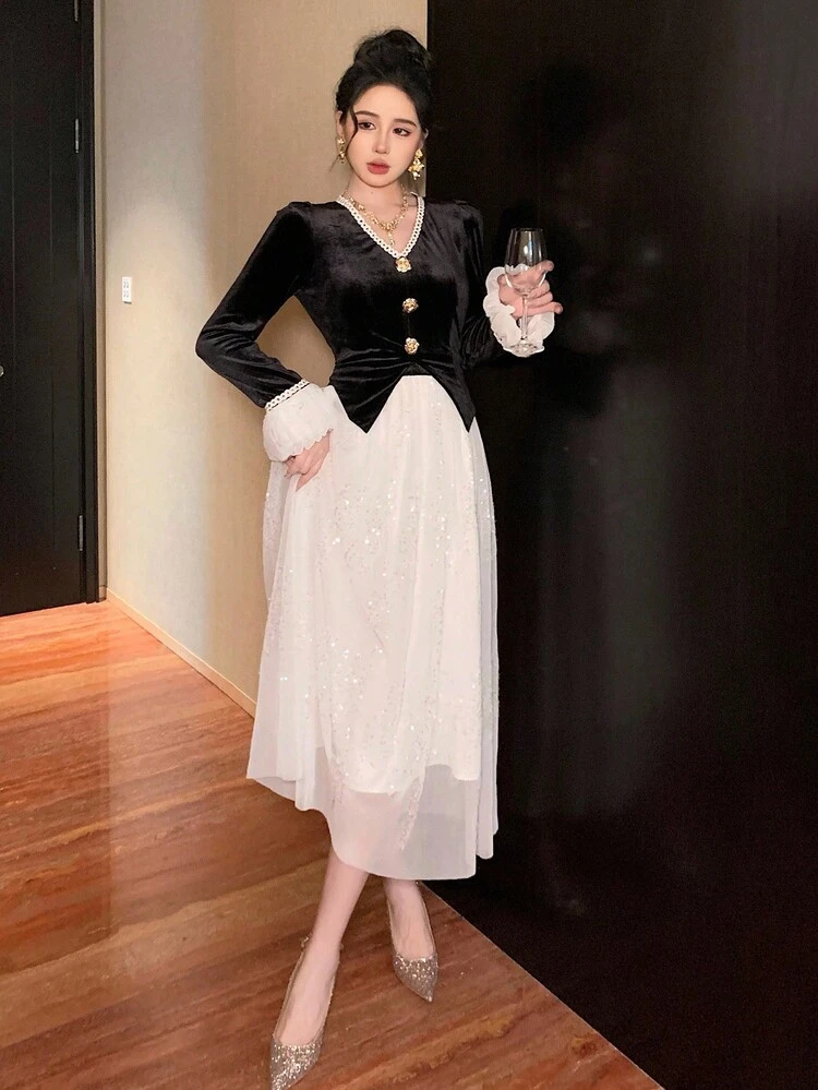 Women's Elegant Mesh Patchwork Button Decor Long Dress Prom Dress Modest Fashion Maxi Dress