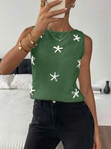 SHEIN Frenchy Áo len cổ tròn họa tiết hoa giản dị dành cho nữ mùa thu/đông - màu xanh lá - Xem 2