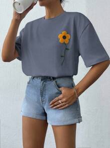 EURMUSE 100%Cotton Summer Flower Flocking White T-Shirt - Grey - View 3