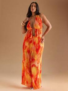 SHEIN BAE Plus Size Women's Textured Fabric Pleated Halter Top & Loose Wide Leg Pants Set/Spring/Fall Tie-Dye Pleated Camisole Top & Long Pleated Wide Leg Pants 2 Piece Set/Women Two Pieces Outfits For Daily Wear/Fall Clothes Plus Size/Halloween/Homecoming/Christmas/Going Out /Birthday Dresses For Women/Western Wear Women/Dresses For Women Party,Fall Clothes For Women - Orange - View 8