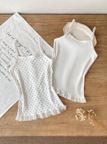 2pcs/Set Girls' Lace Trim Comfortable Soft Undershirts Young Girl Tank Tops Girls White Tank Top Lace Trim Tank Top Polka Dot Tank Top Girls Summer Tops - White - View 2
