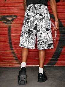Astro Boy X ROMWE Men's Popart Print Drawstring Waist Wide Leg Casual Shorts - Black and White - View 3
