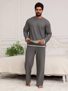 DAZY Men's Solid Dark Grey Textured Fabric Loungewear Set, Autumn, Fall Winter Clothes Pajama - Dark Grey - View 3