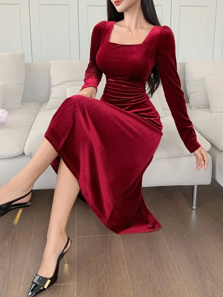 Women's Elegant Solid Color Square Neck Mid-Length Dress, Autumn Long Sleeve Dress Red Women Dresses Christmas Prom Dress