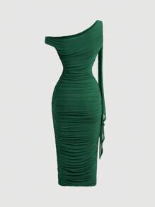 SHEIN MOD 女式纯色简约休闲中长不对称连衣裙 - 墨綠色 - 查看 2