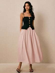Poéselle Vestido de mujer de largo medio con correa de color de contraste, de estilo casual y elegante - Rosa - Ver 6