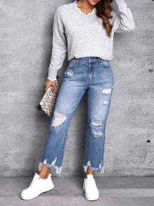 SHEIN Essnce Plus Size Women's Loose Distressed Raw Hem Cone Shape Pockets Casual Denim Jeans