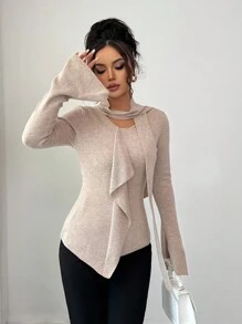 Elenzga Camiseta de manga larga con volantes asimétricos, jersey ajustado y ceñido de punto calado, top casual versátil de unicolor minimalista para el otoño - Camel - Ver 3