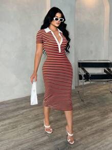 SHEIN SXY Vestido polo casual de mujer de manga corta a rayas, vestido de punto ajustado de longitud media, vestido elegante francés