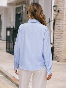 EMERY ROSE 女士条纹通勤衬衫、长袖上衣 - 藍白色 - 查看 2