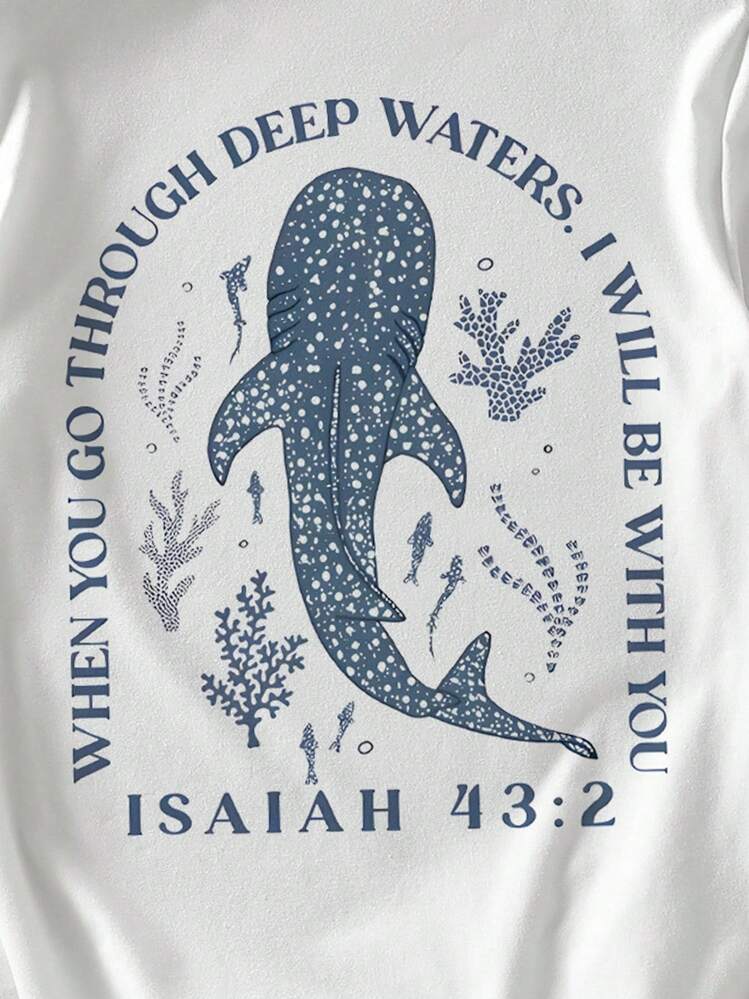 SHEIN Attitoon Lässiges Damen T-Shirt mit Rundhalsausschnitt und kurzen Ärmeln, figurbetont, geeignet für Sommer, Strand, Hai-Muster - Weiss - Übersicht 7