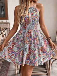 Breezaya Váy yếm thắt eo họa tiết Paisley phong cách nghỉ mát mùa hè dành cho nữ - Đỏ - Xem 5