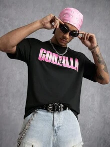 GODZILLAxKONG X SHEIN 男式字母与怪物图案短袖 T 恤 - 黑色 - 查看 2