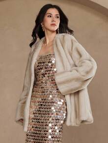 DAZY Women's Fluffy Colorblock Loose Casual Business Jacket, Elegant For New Year, Christmas, Wedding Party, Autumn/Winter Women Coats Modest Fashion - Beige - View 8