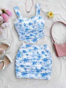 SHEIN Tween Girl Casual Floral Print Asymmetrical Hem Tank Top And Skirt Set, Comfortable & Minimalist