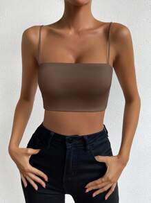 Chiquease Áo crop top màu cami - Cà phê nâu - Xem 3