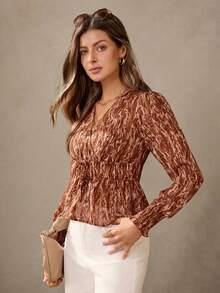 Wildy Blusas elegantes para mujer con estampado de gasa marrón, blusas con cuello en V y cinturón de color borgoña, blusas con estampado de leopardo, blusas rojas, blusas elegantes para fiestas, graduaciones y eventos sociales de manga larga