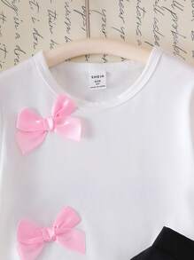 Girls Casual Short Sleeve Bow Decor White T-Shirt And Black Pleated Skirt Set, School Style Summer Outfit