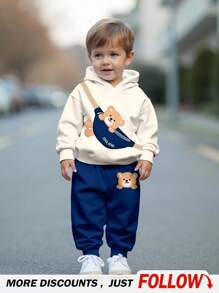 SHEIN 男婴休闲宽松针织柔软连帽衫和配套运动裤套装，可爱迷你熊印花，舒适温馨，适合秋冬季 - 彩色 - 查看 1