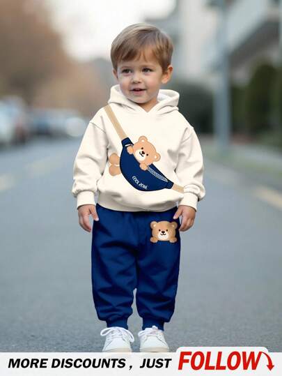 SHEIN Niemowlęcy chłopięcy luźny dzianinowy miękki kaptur i pasujące spodnie dresowe, uroczy nadruk z małym misiem, wygodny i przytulny na jesień/zimę