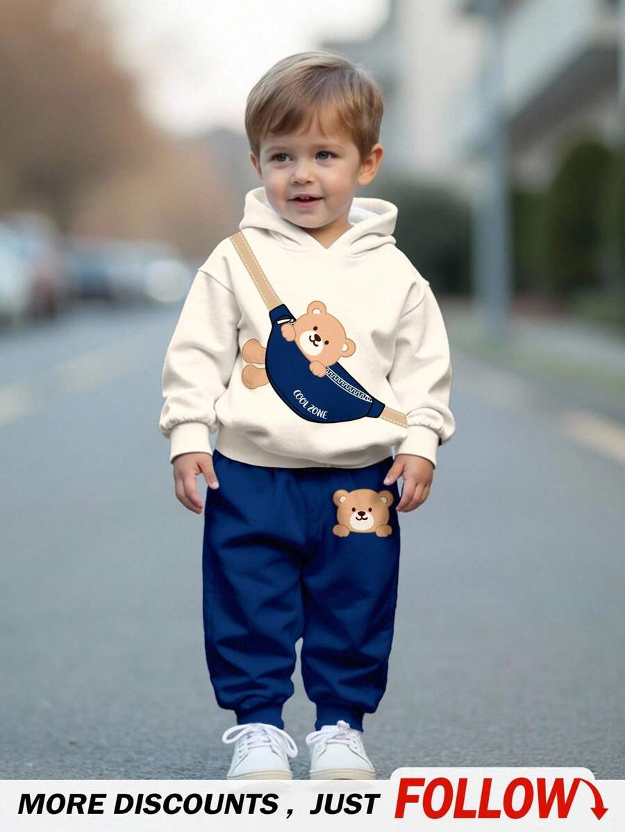 SHEIN 男婴休闲宽松针织柔软连帽衫和配套运动裤套装，可爱迷你熊印花，舒适温馨，适合秋冬季 - 彩色 - 查看 1