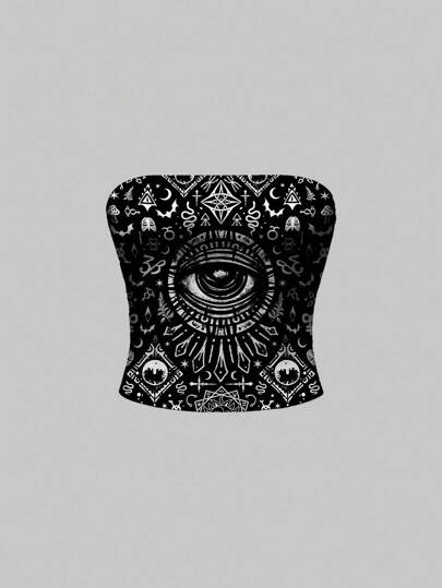 Goth Gothic Dark Forest Witch Mysterious Horror Midnight Eye Cross Moth Sun Moon Constellation Black White All-Over Print Camisole Top For Halloween