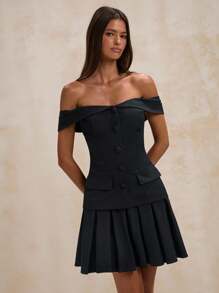 SHEIN BAE 女士优雅纯色露肩西装外套和褶皱 A 字裙套装