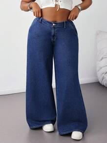 SHEIN Tall CURVE Quần áo mùa hè mùa thu cỡ lớn Quần áo mùa thu Quần áo trở lại trường Homecoming dễ thương Phong cách thập niên 2000 Kawaii Y2k Sân bay dành cho phụ nữ Khiêm tốn Tiền cũ Tulum Quần jean xanh ống rộng cạp thấp thường ngày đã giặt Quần jean ống rộng rộng thùng thình - Màu xanh lam - Xem 3