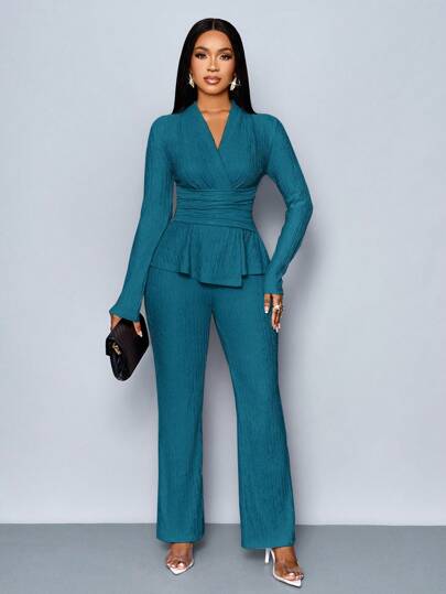 SOLERSUN Women's Apricot Color Elegant V Neck Long Sleeve T-Shirt And Wide Leg Pants Two Pieces Set,Asymmetrical Hem Two Pieces Outfits,Casual Daily Wear,Winter Clothes For Women Fall Cloth For Women