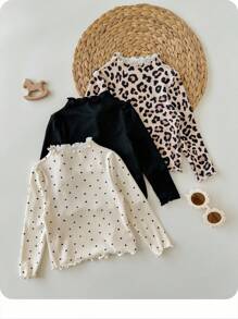SHEIN 3件套女婴休闲百搭豹纹和波尔卡圆点图案针织长袖上衣 - 杏色 - 查看 3