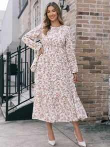 EMERY ROSE 女士圆领碎花长袖节日连衣裙长款女装 - 杏色 - 查看 1