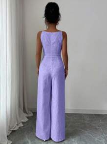 Elenzga 女士优雅连体裤，肩部蝴蝶结装饰，提花面料，收腰，阔腿，适合日常通勤 - 紫色 - 查看 2