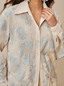 Anewsta Floral Embroidered Beaded Oversized Dropped Shoulder Long Sleeve Shirt - Baby Blue - View 4