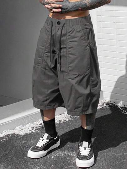  Manfinity LEGND Men's Black Shorts, Vintage Cargo Shorts, Loose Fit Casual Shorts For Summer